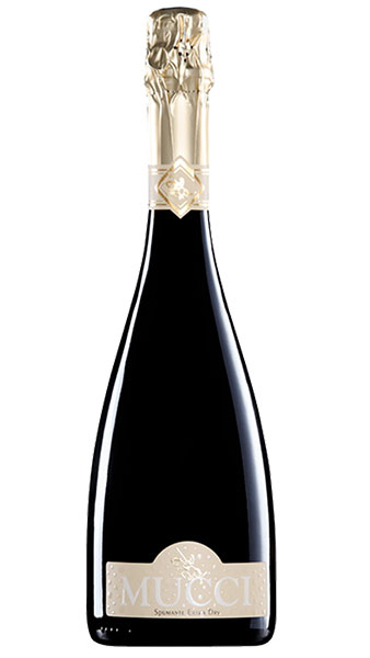 Photograph of Cantine Mucci's sleek and elegant sparkling wine bottle featuring the Pecorino and Falanghina grapes