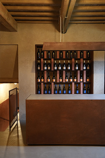 Photo of La Leccia's beautiful, rustic modern tasting room at their house in Tuscany.