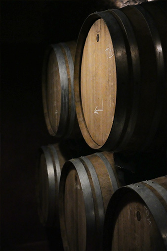 Dark moody photograph of the aging barrels at La Leccia winery.
