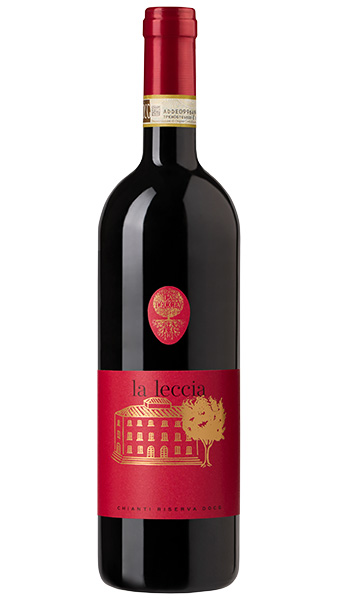 La Leccia winery bottle photo of Chianti Superiore. The red label features their house and beautiful Leccia tree in gold.