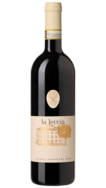La Leccia winery bottle photo of Chianti Superiore. White label features their house and the beautiful Leccia tree in gold.