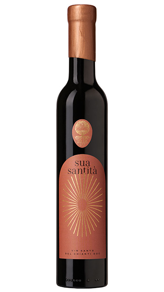 La Leccia winery bottle photo of Sua Santita, their Vin Santo wine in an elegant tall bottle and modern sun label.